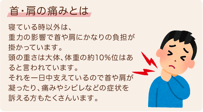 首・肩の痛みとは…寝ている時以外は、
重力の影響で首や肩にかなりの負担が掛かっています。
頭の重さは大体、体重の約10%位はあると言われています。
それを一日中支えているので首や肩が凝ったり、痛みやシビレなどの症状を訴える方もたくさんいます。
