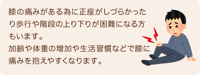 膝の痛みがある為に正座がしづらかったり歩行や階段の上り下りが困難になる方もいます。加齢や体重の増加や生活習慣などで膝のに痛みを抱えやすくなります。